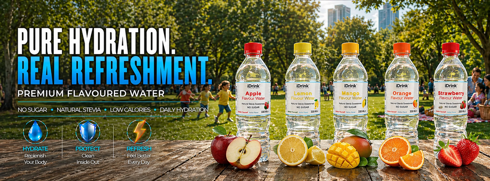Original iDrink Flavoured Water collection on a sunlit picnic table