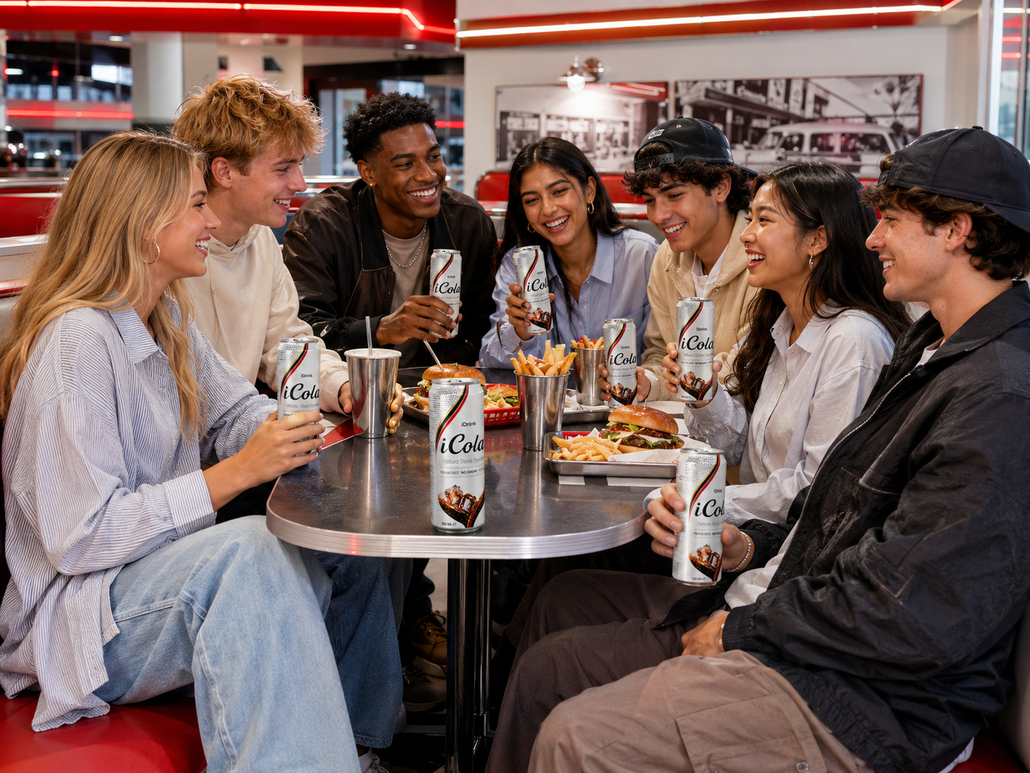Friends sharing iCola White Label cans over burgers at a lively diner