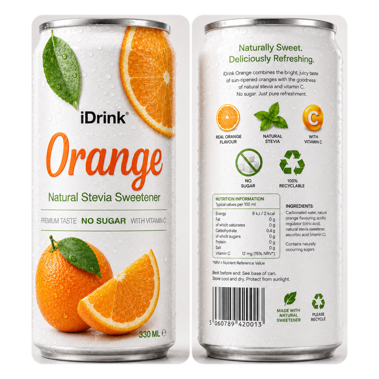 Unmodified front and back artwork of the iDrink Orange 330 ml can
