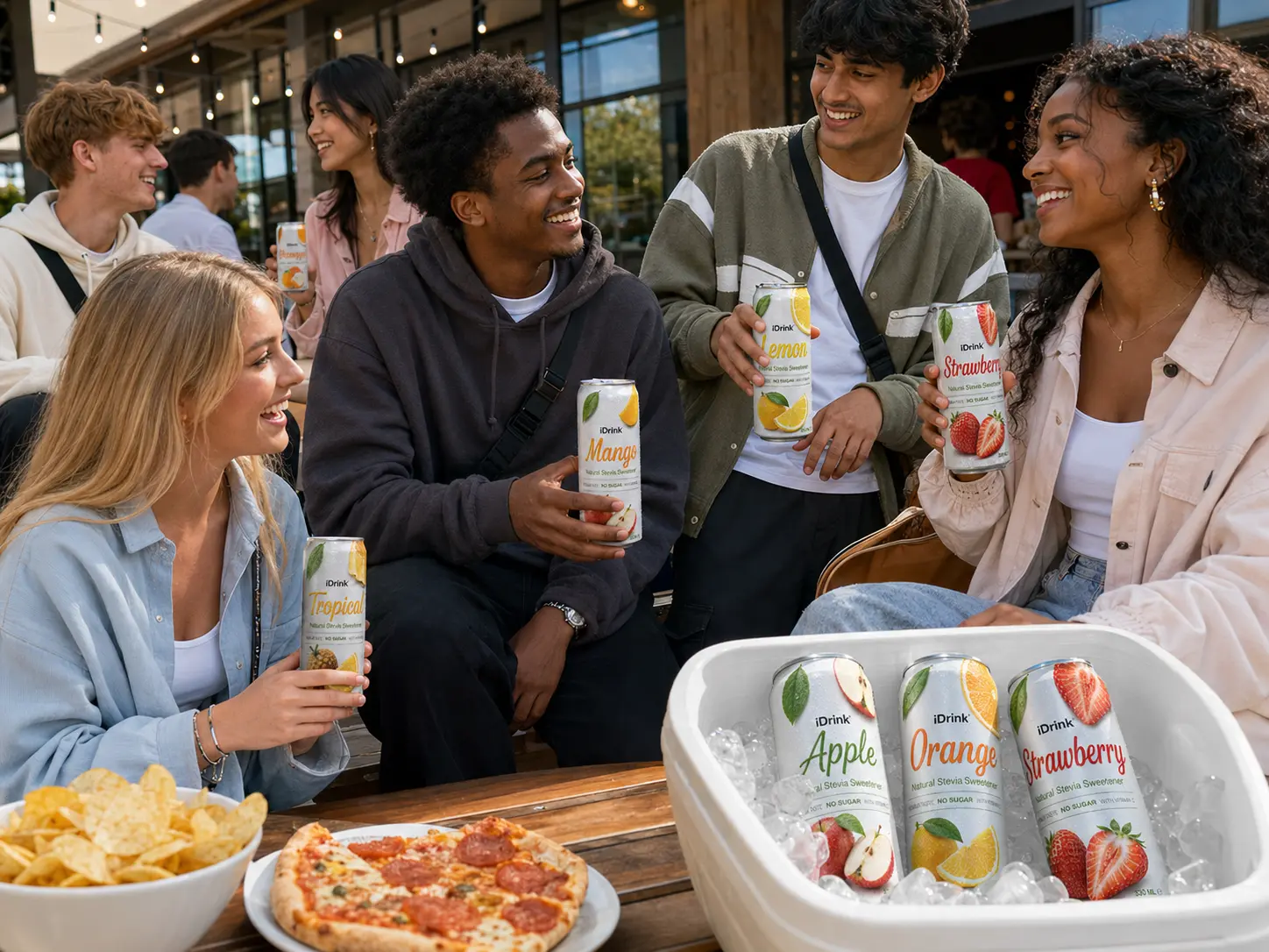Friends enjoying iDrink fruit-flavoured fizzy drinks at an outdoor cafe