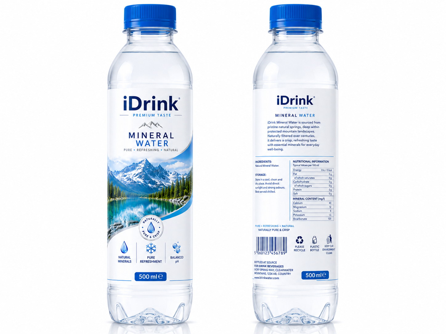 Unmodified front and back artwork of the iDrink Natural Mineral Water 500 ml bottle