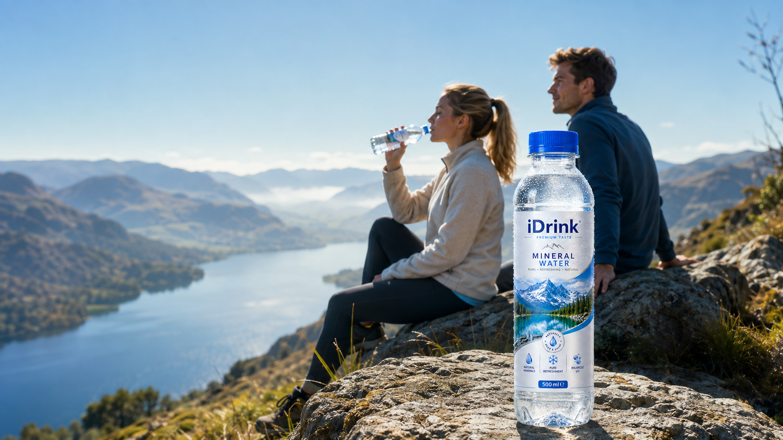 Two hikers beside a mountain lake with an iDrink Natural Mineral Water bottle