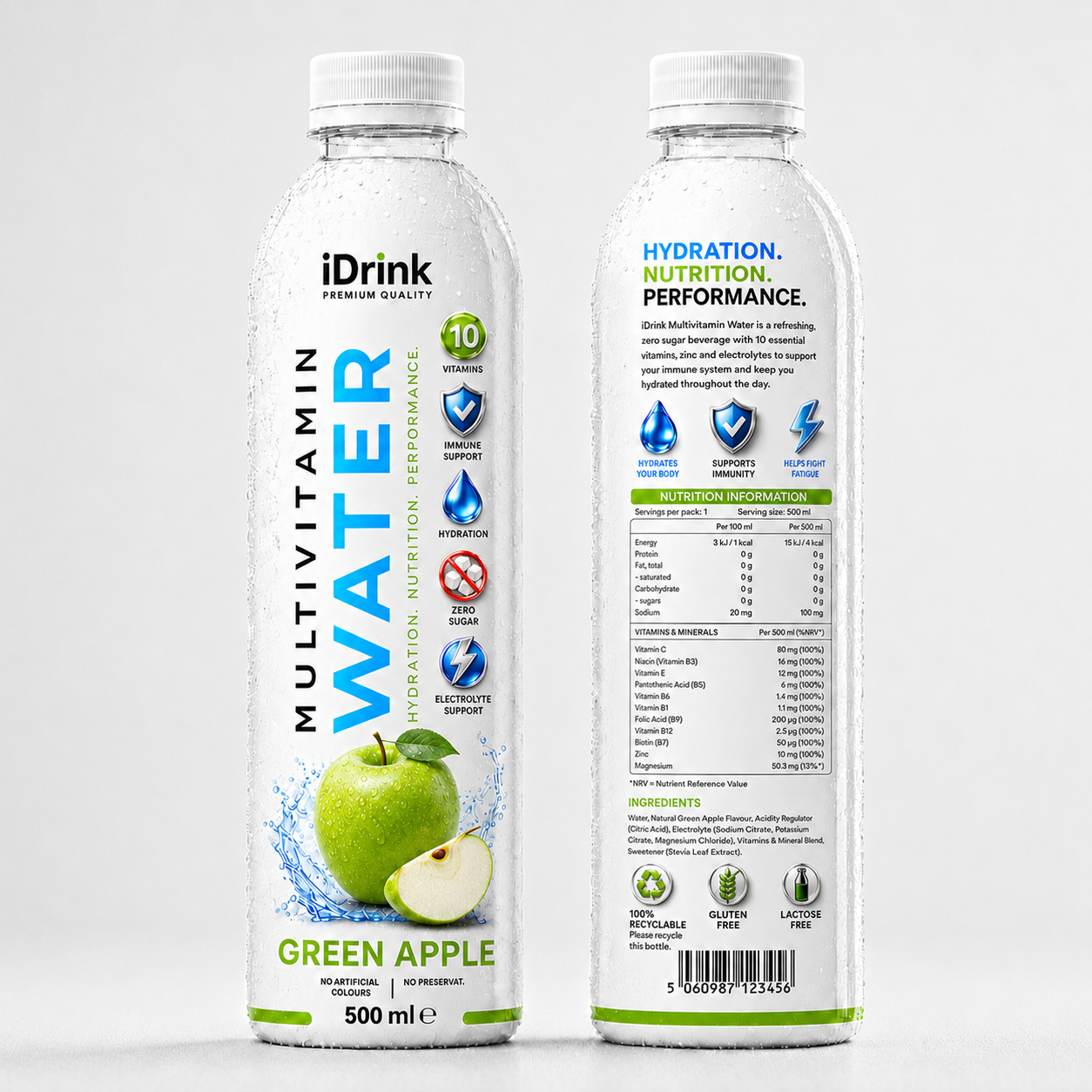 Unmodified front and back artwork of the iDrink Green Apple Multi Vitamin Water 500 ml bottle