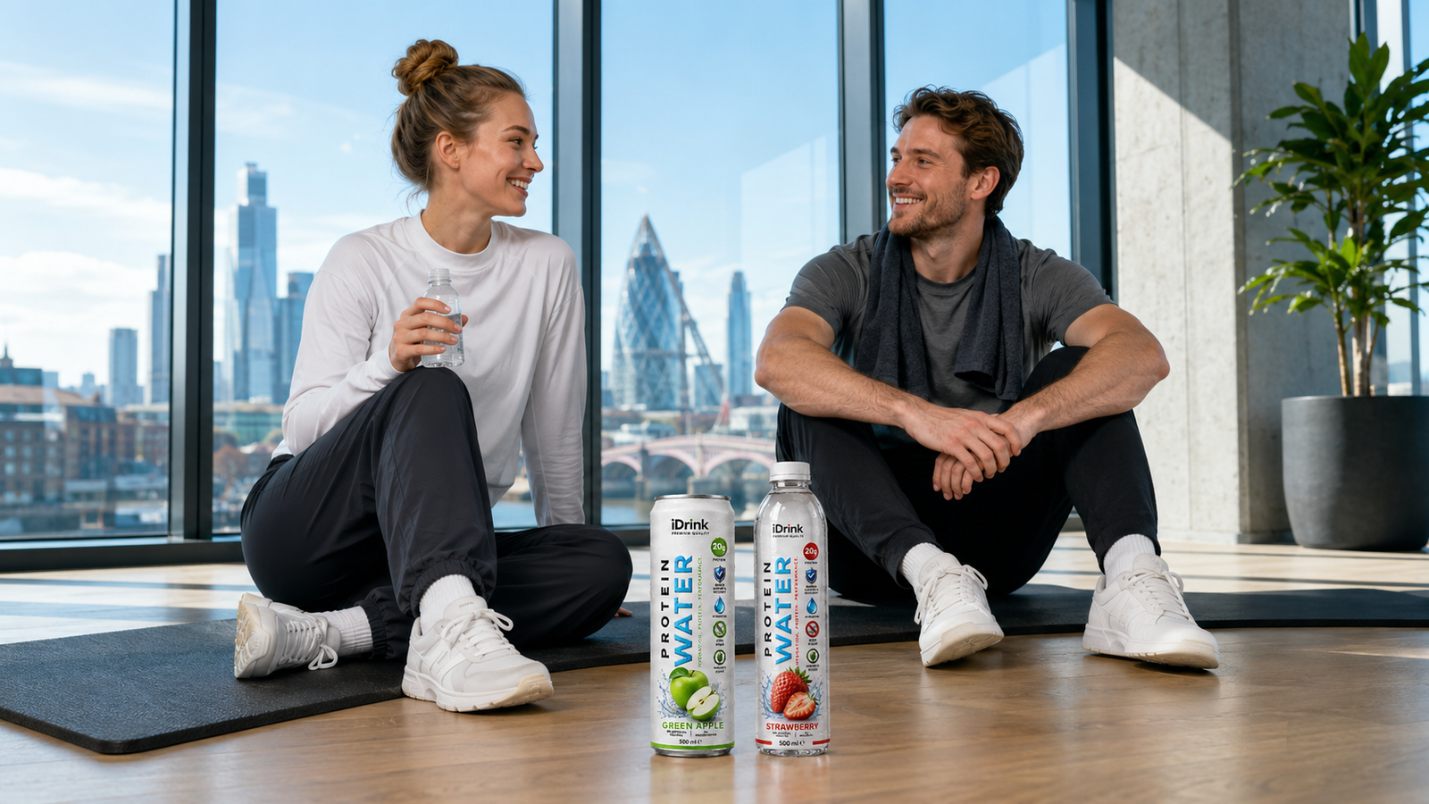 Two adults taking a break after exercise beside iDrink Protein Water bottles