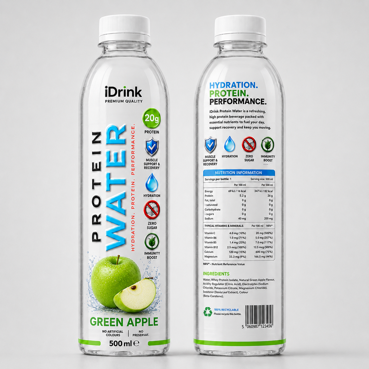 Unmodified front and back artwork of the iDrink Green Apple Protein Water 500 ml bottle