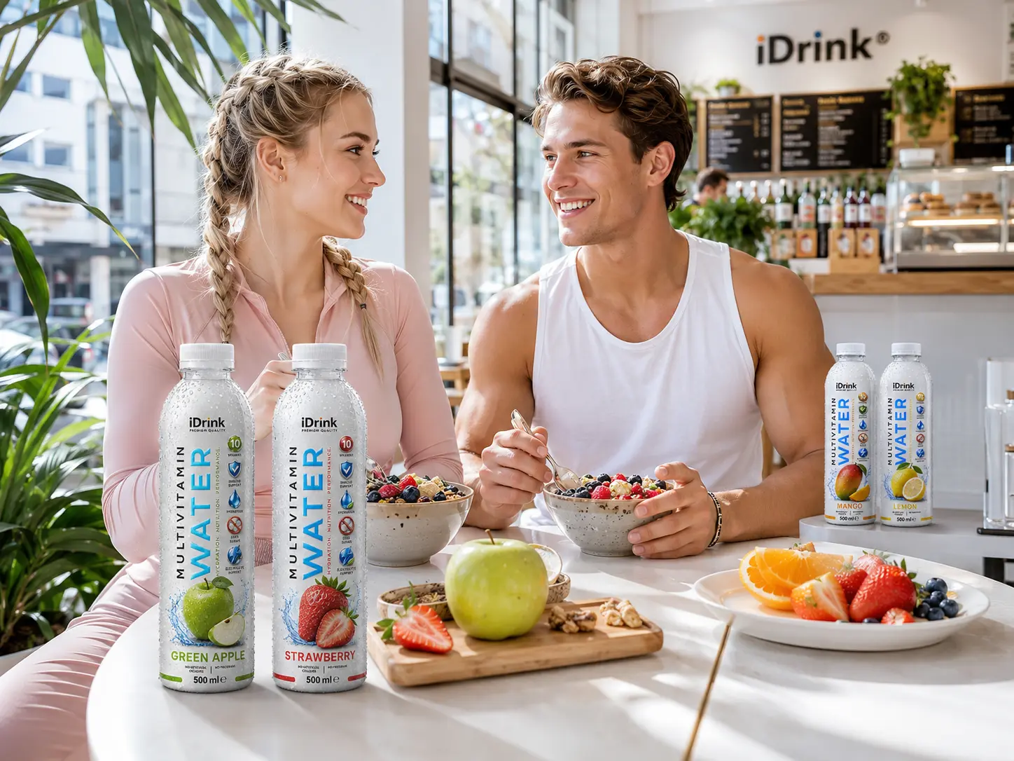 Two adults enjoying breakfast with iDrink Multi Vitamin Water in a bright cafe