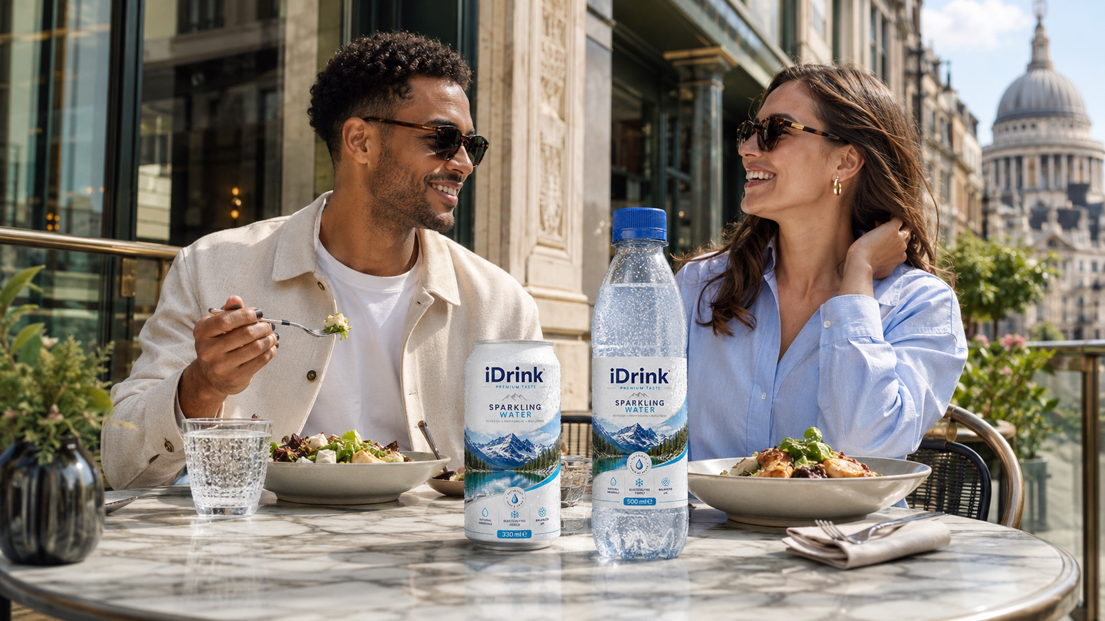 Friends enjoying iDrink Sparkling Water at a sunny cafe table